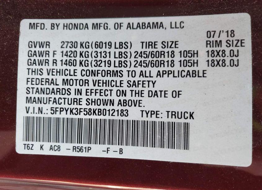 Photo 9 of 2019 Honda Ridgeline RTL (VIN 5FPYK3F58KB012183)