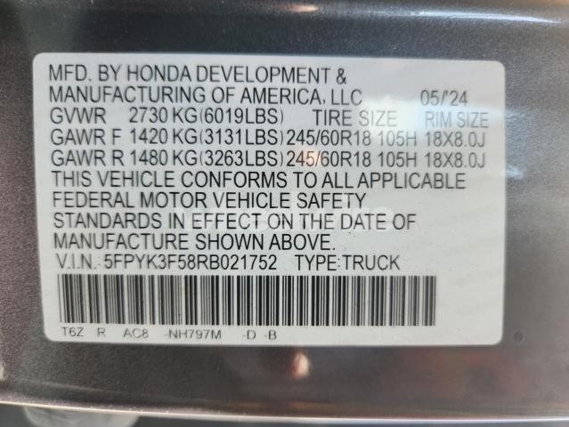 Photo 8 of 2024 HONDA RIDGELINE RTL N/A (VIN 5FPYK3F58RB021752)