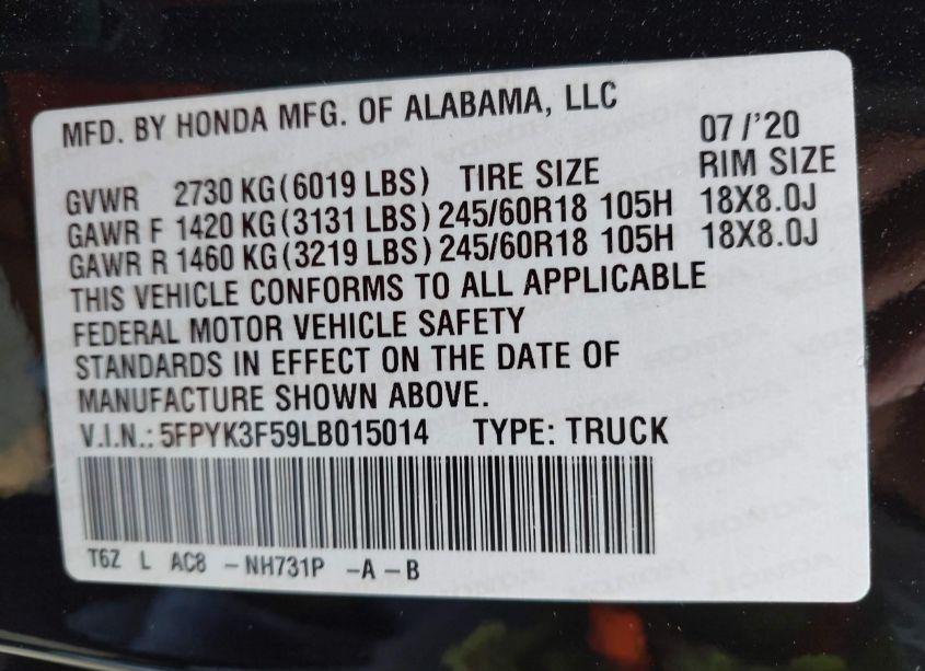 Photo 9 of 2020 Honda Ridgeline AWD RTL (VIN 5FPYK3F59LB015014)