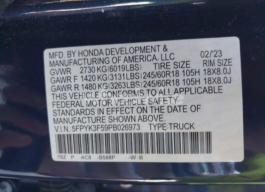 Photo 9 of 2023 Honda Ridgeline RTL (VIN 5FPYK3F59PB026973)