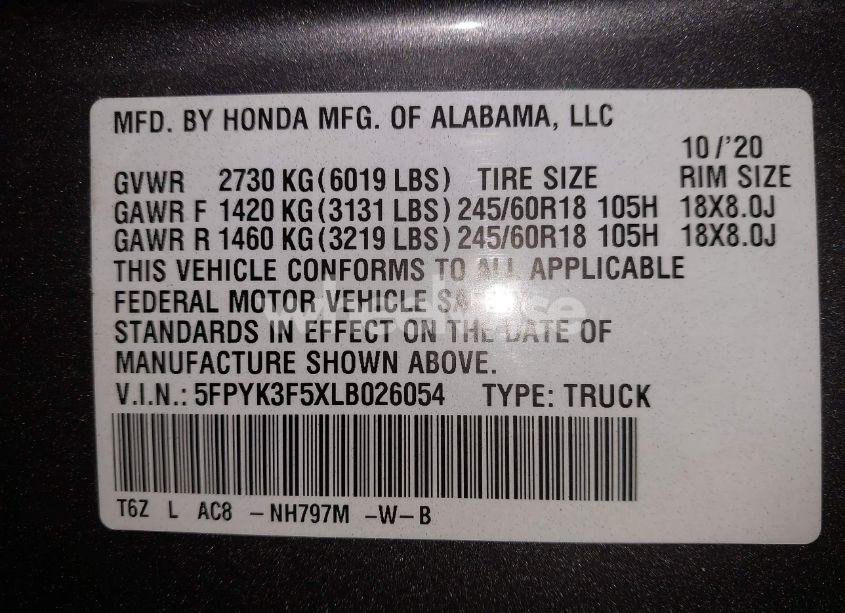 Photo 9 of 2020 Honda Ridgeline AWD RTL (VIN 5FPYK3F5XLB026054)