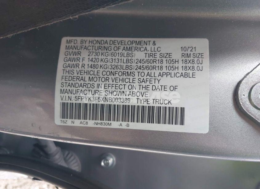 Photo 9 of 2022 Honda Ridgeline RTL (VIN 5FPYK3F5XNB003389)