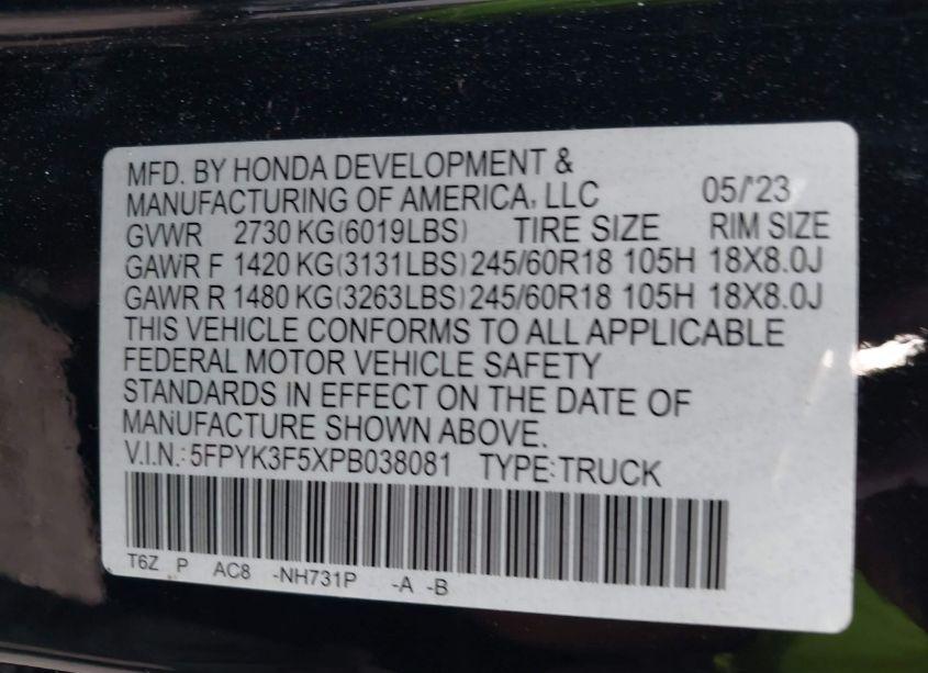 Photo 9 of 2023 Honda Ridgeline RTL (VIN 5FPYK3F5XPB038081)