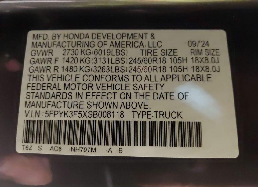 Photo 9 of 2025 Honda Ridgeline RTL (VIN 5FPYK3F5XSB008118)