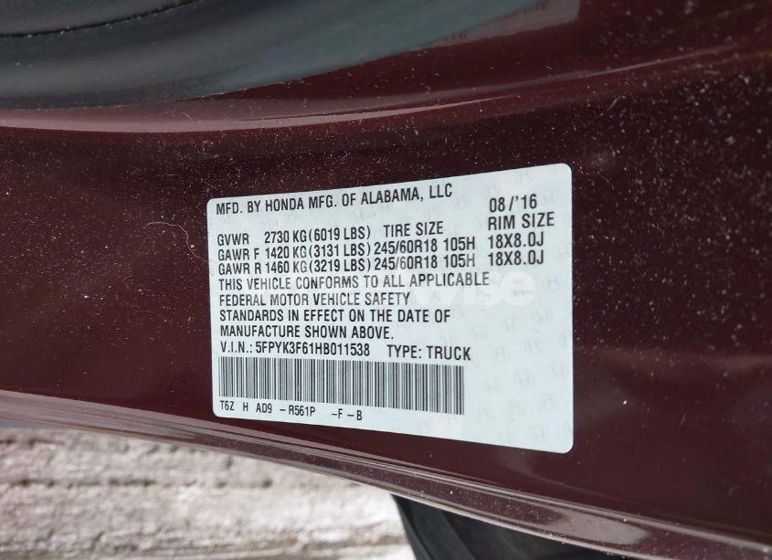 Photo 9 of 2017 Honda Ridgeline RTL-T (VIN 5FPYK3F61HB011538)