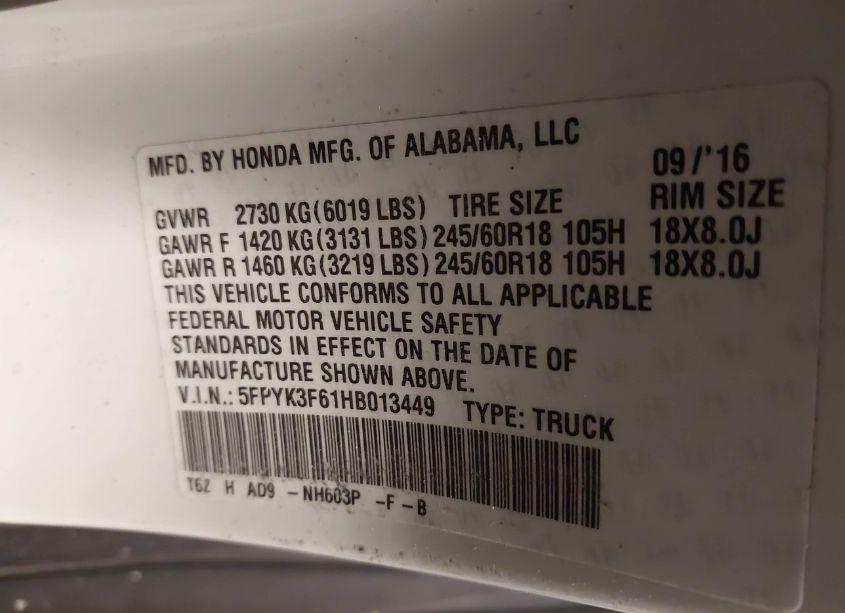 Photo 9 of 2017 Honda Ridgeline RTL-T (VIN 5FPYK3F61HB013449)