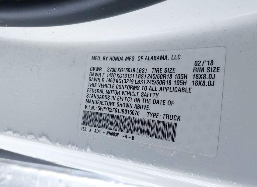 Photo 9 of 2018 Honda Ridgeline RTL-T (VIN 5FPYK3F61JB015076)