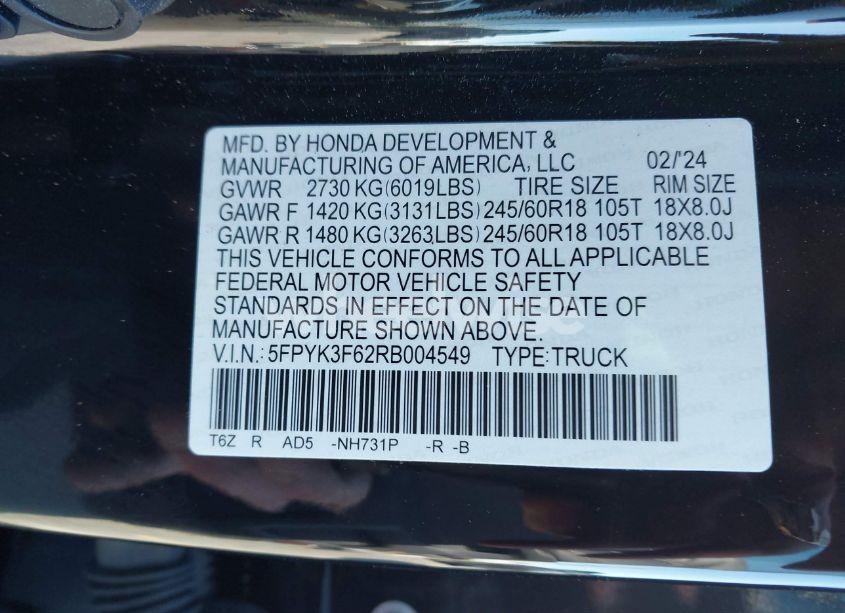 Photo 9 of 2024 Honda Ridgeline TRAILSPORT (VIN 5FPYK3F62RB004549)