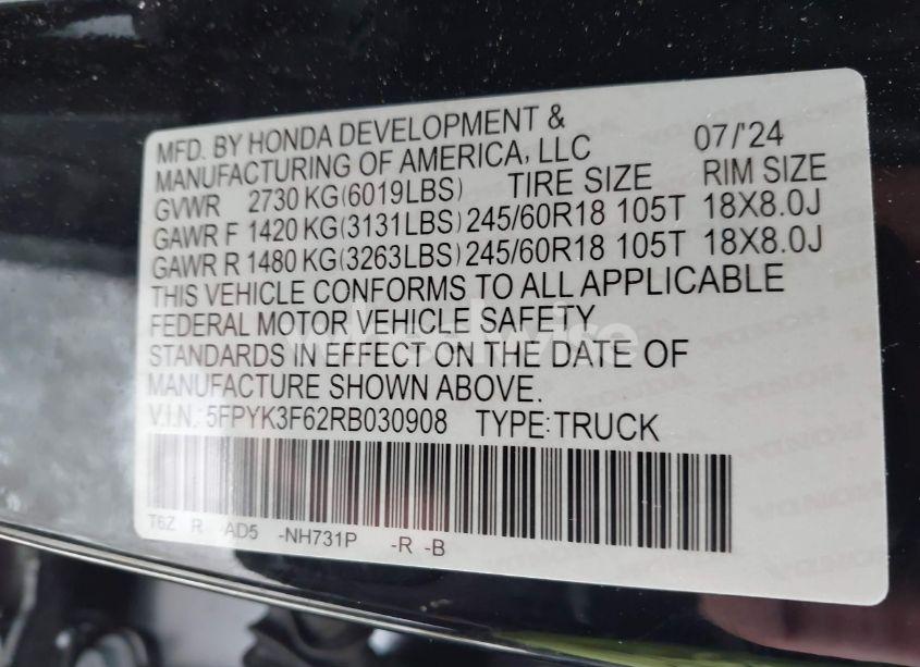 Photo 9 of 2024 Honda Ridgeline TRAILSPORT (VIN 5FPYK3F62RB030908)