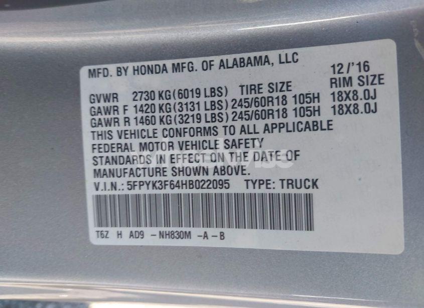 Photo 9 of 2017 Honda Ridgeline RTL-T (VIN 5FPYK3F64HB022095)