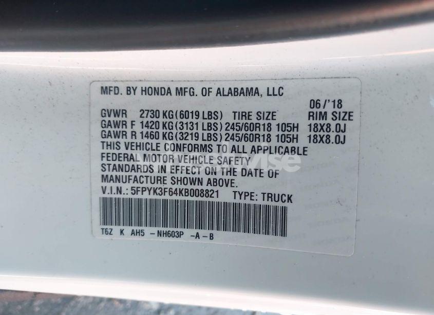 Photo 9 of 2019 Honda Ridgeline RTL-T (VIN 5FPYK3F64KB008821)