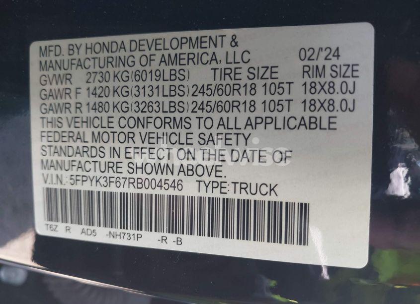 Photo 9 of 2024 Honda Ridgeline TRAILSPORT (VIN 5FPYK3F67RB004546)