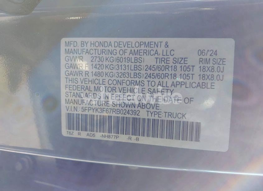 Photo 9 of 2024 Honda Ridgeline TRAILSPORT (VIN 5FPYK3F67RB024392)