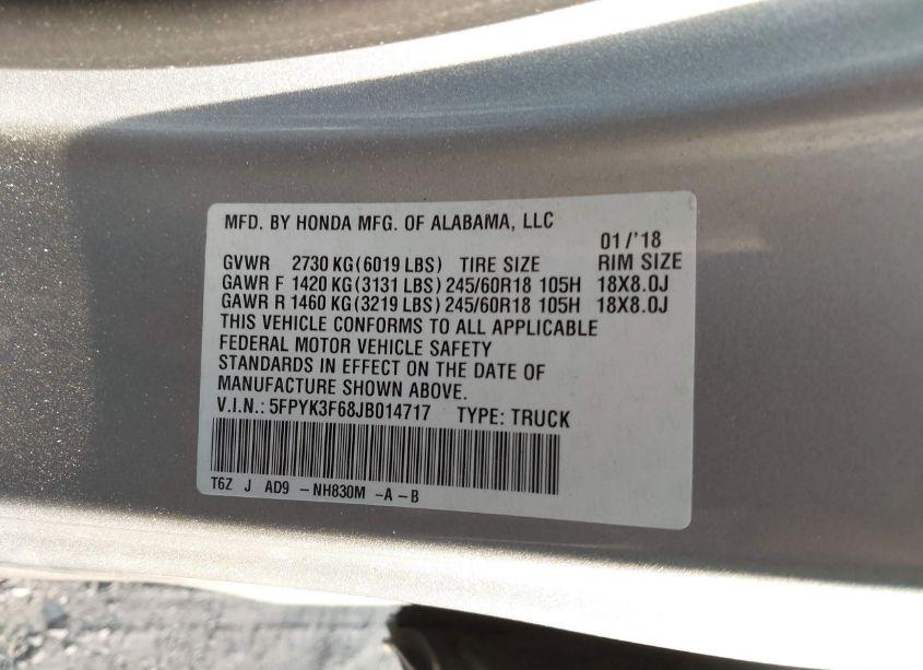 Photo 9 of 2018 Honda Ridgeline RTL-T (VIN 5FPYK3F68JB014717)