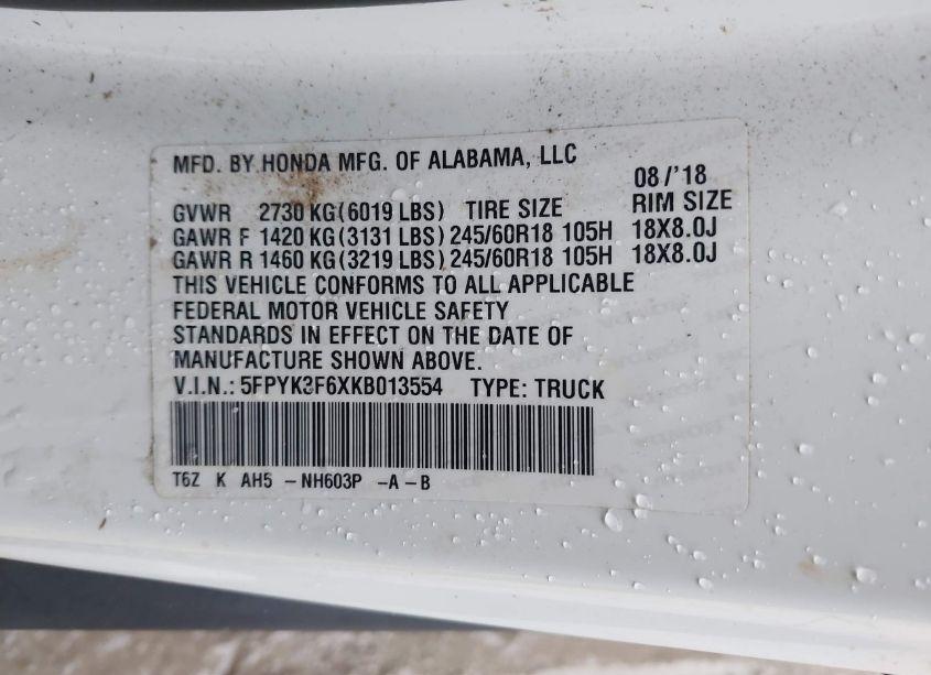 Photo 9 of 2019 Honda Ridgeline RTL-T (VIN 5FPYK3F6XKB013554)