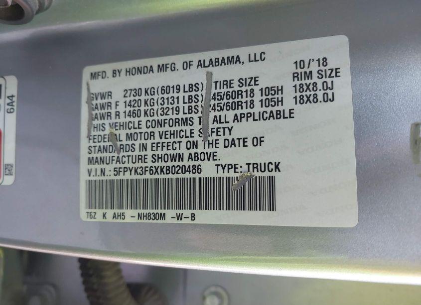 Photo 9 of 2019 Honda Ridgeline RTL-T (VIN 5FPYK3F6XKB020486)