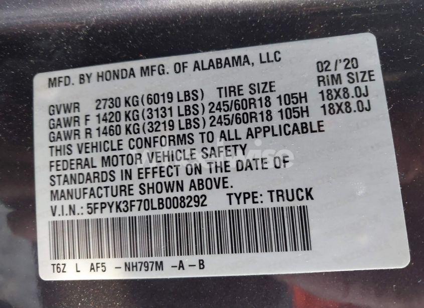 Photo 9 of 2020 Honda Ridgeline RTL-E (VIN 5FPYK3F70LB008292)