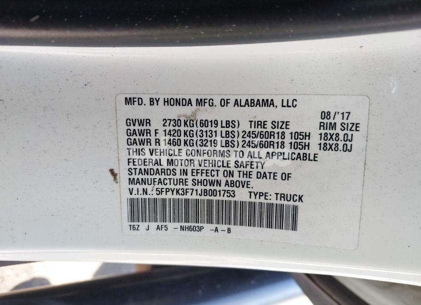 Photo 9 of 2018 Honda Ridgeline RTL-E (VIN 5FPYK3F71JB001753)