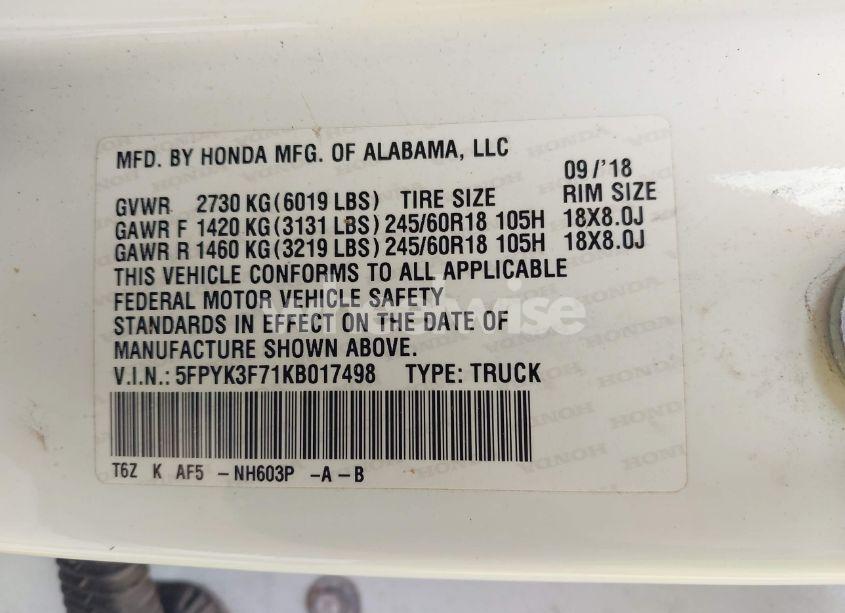 Photo 9 of 2019 Honda Ridgeline RTL-E (VIN 5FPYK3F71KB017498)