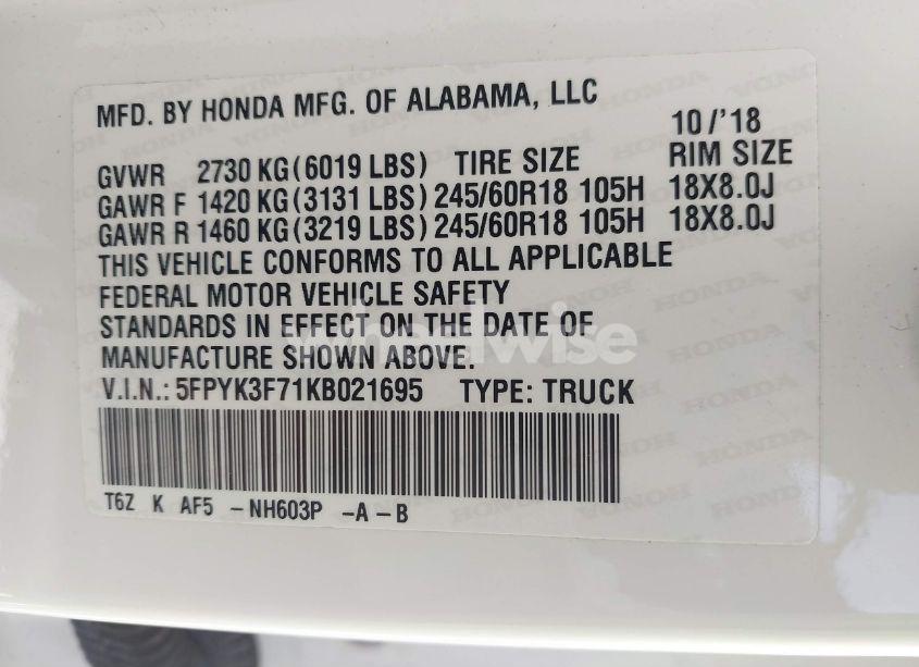 Photo 9 of 2019 Honda Ridgeline RTL-E (VIN 5FPYK3F71KB021695)