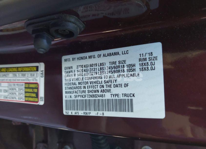 Photo 9 of 2019 Honda Ridgeline RTL-E (VIN 5FPYK3F72KB024461)