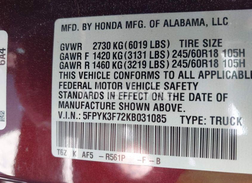 Photo 9 of 2019 Honda Ridgeline RTL-E (VIN 5FPYK3F72KB031085)