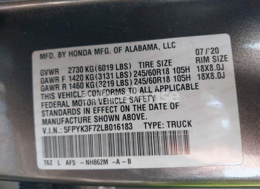 Photo 9 of 2020 Honda Ridgeline RTL-E (VIN 5FPYK3F72LB016183)