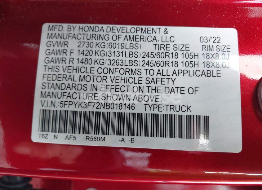 Photo 9 of 2022 Honda Ridgeline RTL-E (VIN 5FPYK3F72NB018146)