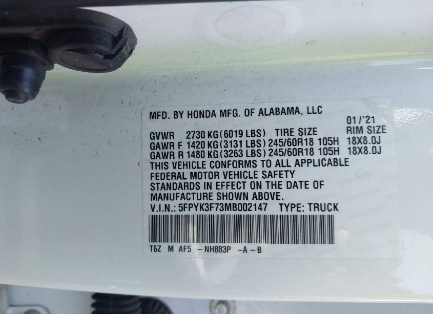 Photo 9 of 2021 Honda Ridgeline RTL-E (VIN 5FPYK3F73MB002147)