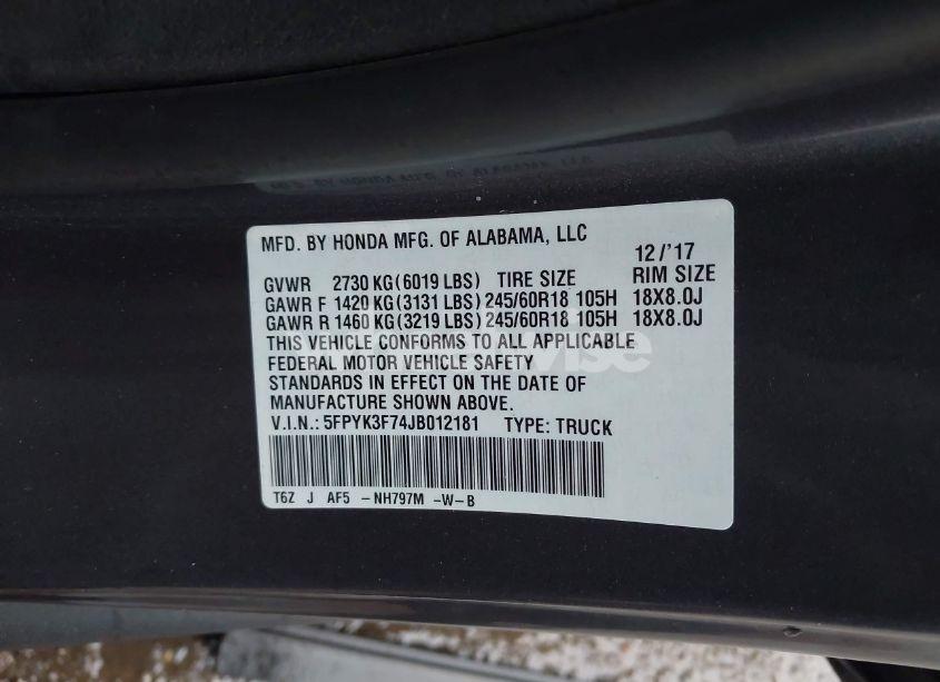 Photo 9 of 2018 Honda Ridgeline RTL-E (VIN 5FPYK3F74JB012181)