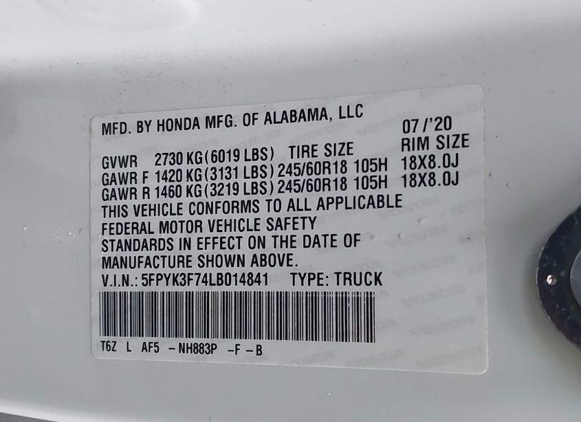 Photo 9 of 2020 Honda Ridgeline RTL-E (VIN 5FPYK3F74LB014841)