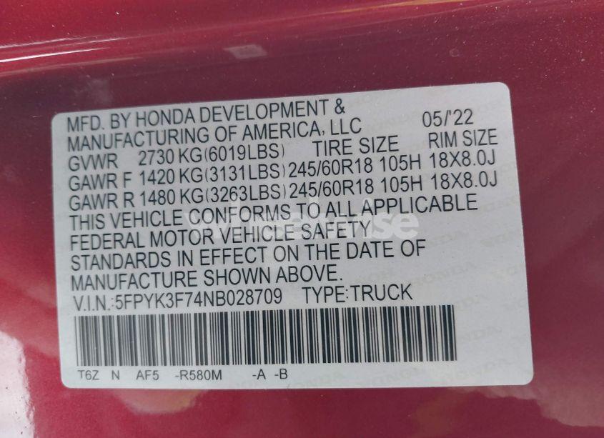 Photo 9 of 2022 Honda Ridgeline RTL-E (VIN 5FPYK3F74NB028709)
