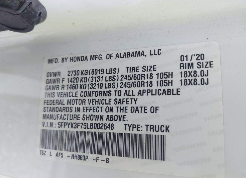 Photo 9 of 2020 Honda Ridgeline RTL-E (VIN 5FPYK3F75LB002648)