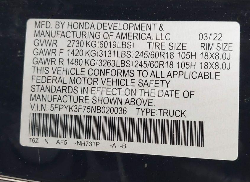 Photo 9 of 2022 Honda Ridgeline RTL-E (VIN 5FPYK3F75NB020036)