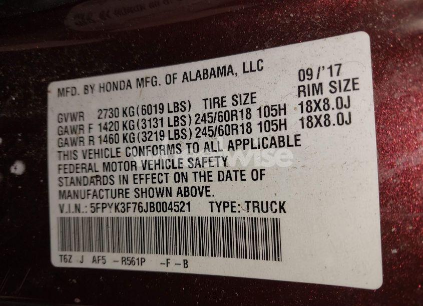 Photo 9 of 2018 Honda Ridgeline RTL-E (VIN 5FPYK3F76JB004521)