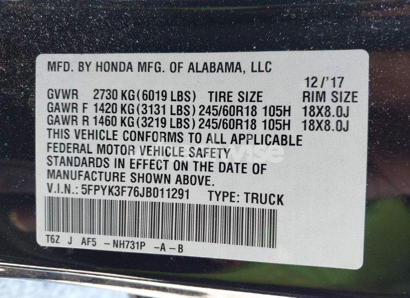 Photo 9 of 2018 Honda Ridgeline RTL-E (VIN 5FPYK3F76JB011291)