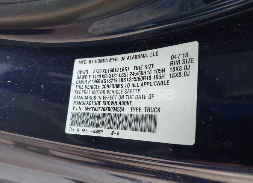 Photo 9 of 2019 Honda Ridgeline RTL-E (VIN 5FPYK3F76KB004584)