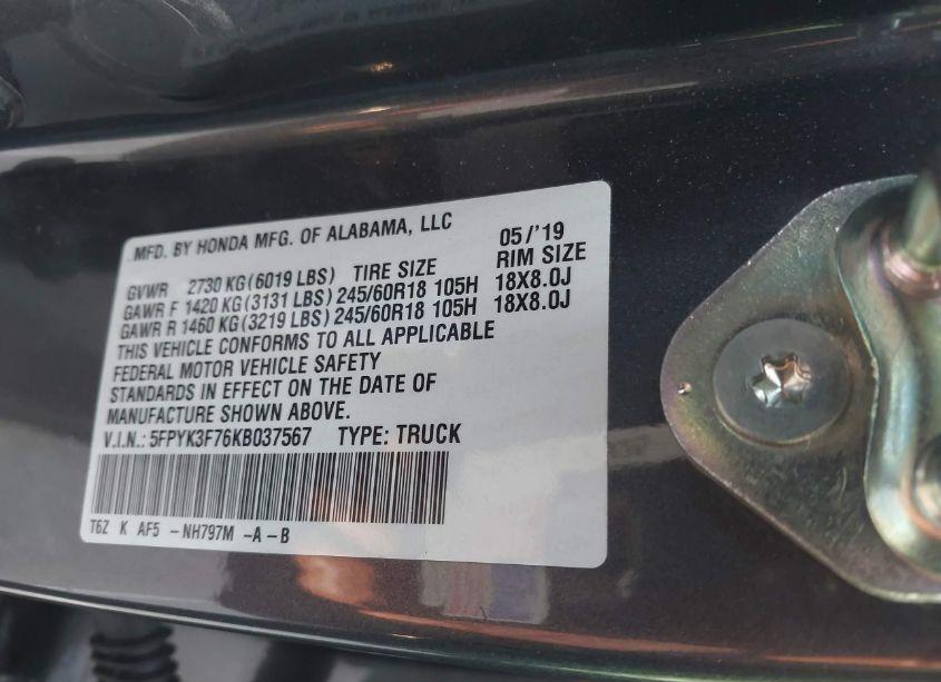 Photo 9 of 2019 Honda Ridgeline RTL-E (VIN 5FPYK3F76KB037567)