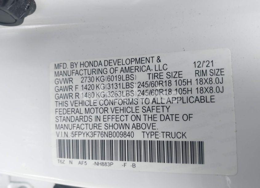 Photo 9 of 2022 Honda Ridgeline RTL-E (VIN 5FPYK3F76NB009840)