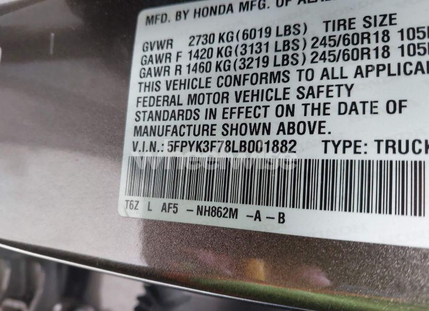 Photo 9 of 2020 Honda Ridgeline RTL-E (VIN 5FPYK3F78LB001882)
