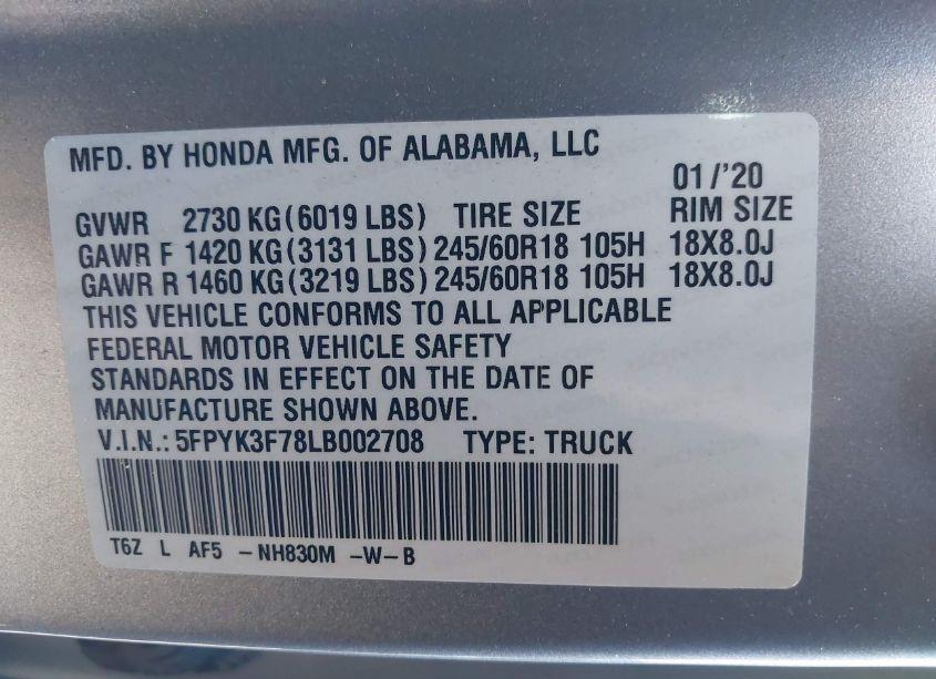 Photo 9 of 2020 Honda Ridgeline RTL-E (VIN 5FPYK3F78LB002708)