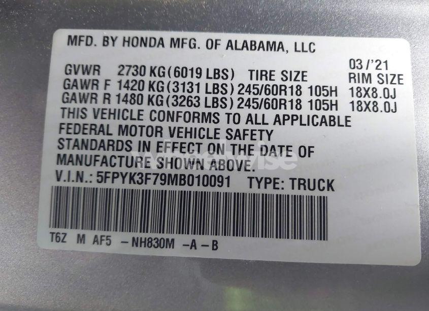 Photo 9 of 2021 Honda Ridgeline RTL-E (VIN 5FPYK3F79MB010091)