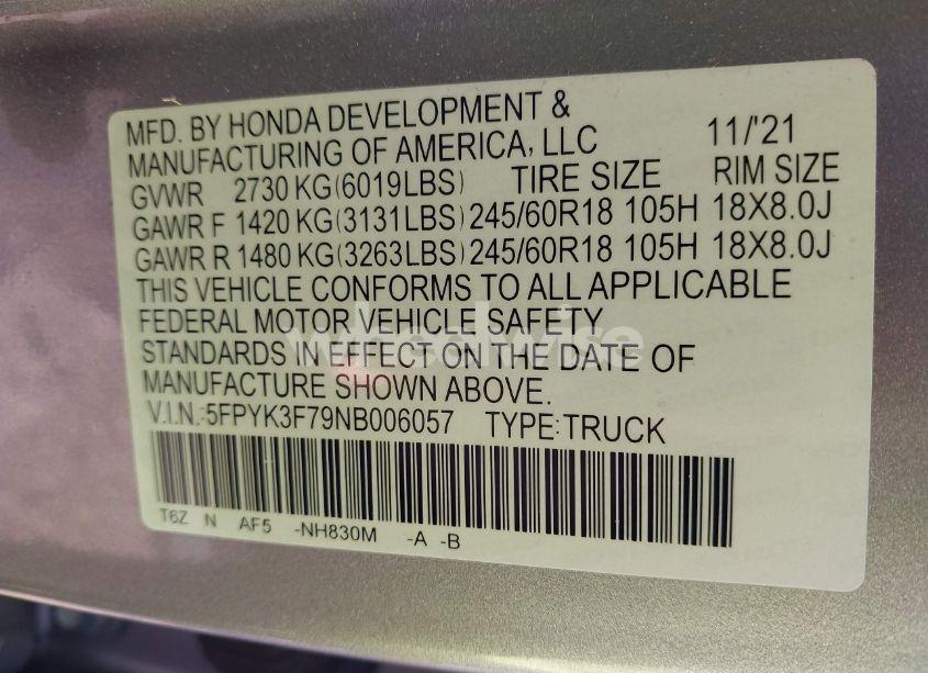 Photo 9 of 2022 Honda Ridgeline RTL-E (VIN 5FPYK3F79NB006057)