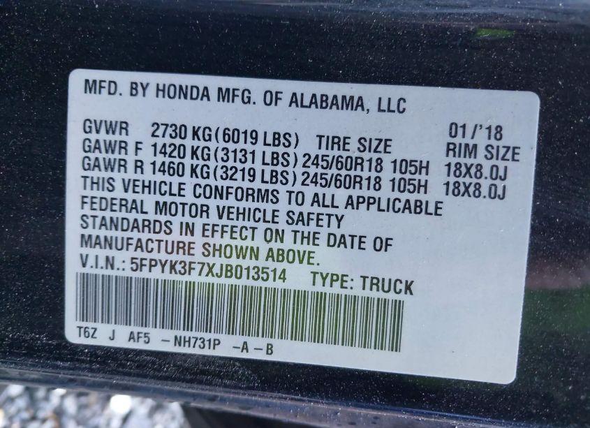 Photo 9 of 2018 Honda Ridgeline RTL-E (VIN 5FPYK3F7XJB013514)