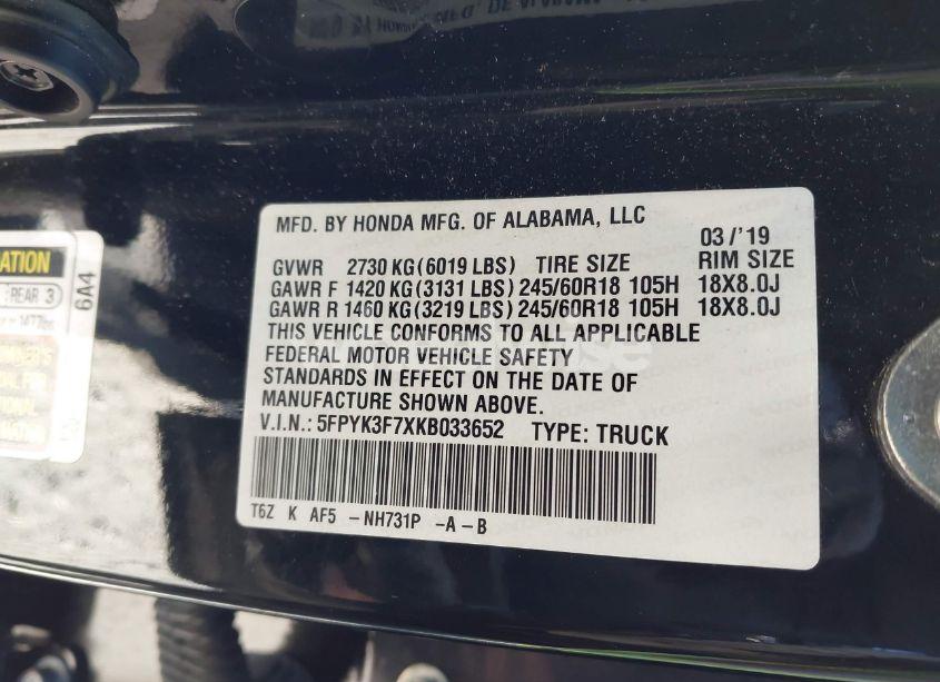 Photo 9 of 2019 Honda Ridgeline RTL-E (VIN 5FPYK3F7XKB033652)