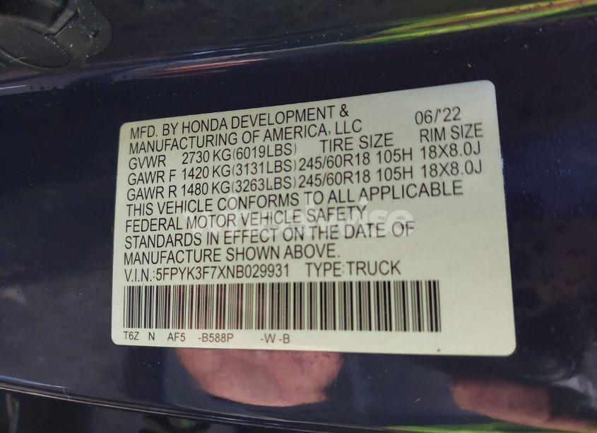 Photo 9 of 2022 Honda Ridgeline RTL (VIN 5FPYK3F7XNB029931)