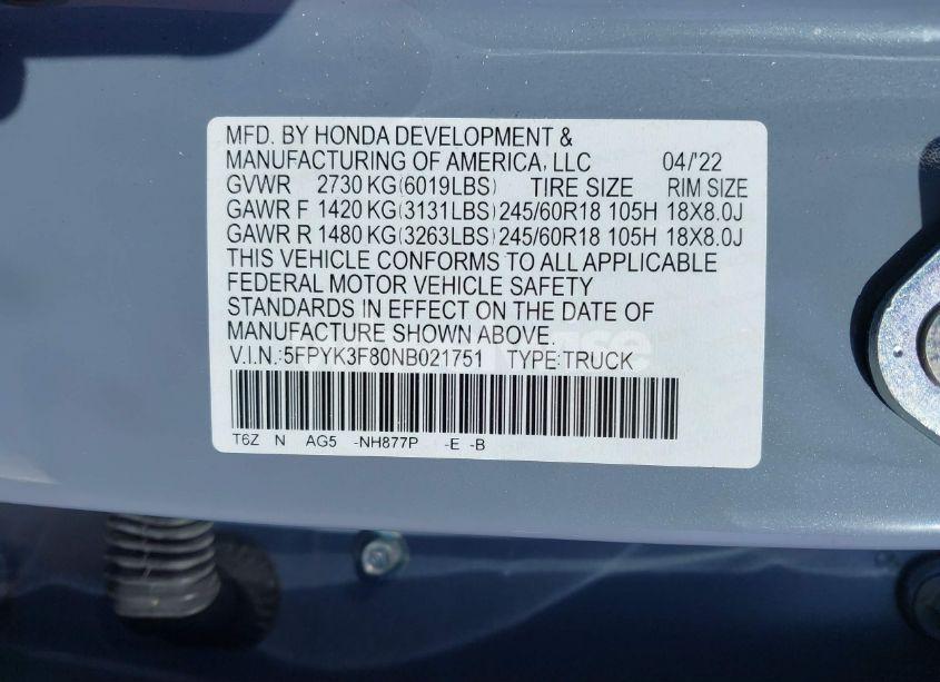 Photo 9 of 2022 Honda Ridgeline BLACK EDITION (VIN 5FPYK3F80NB021751)