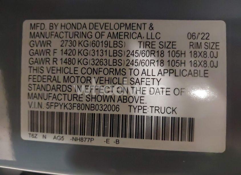 Photo 9 of 2022 Honda Ridgeline BLACK EDITION (VIN 5FPYK3F80NB032006)