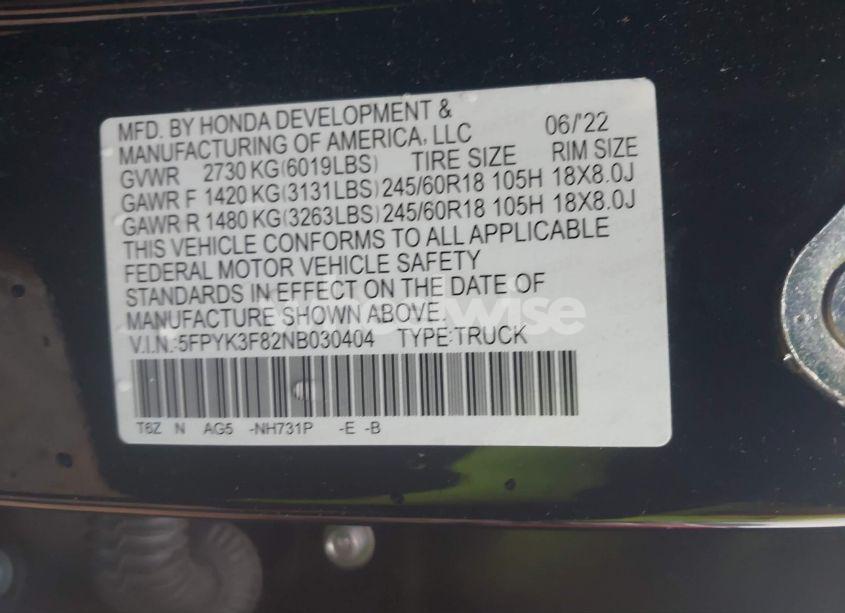 Photo 9 of 2022 Honda Ridgeline BLACK EDITION (VIN 5FPYK3F82NB030404)