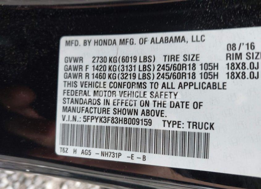 Photo 9 of 2017 Honda Ridgeline BLACK EDITION (VIN 5FPYK3F83HB009159)